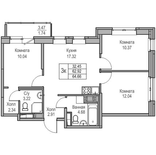 4-к eвро 64.66 м²